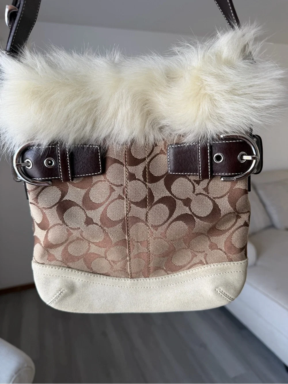 Vintage y2k Coach Brown Signature Canvas Shoulder Bag with Cream Fur Trim